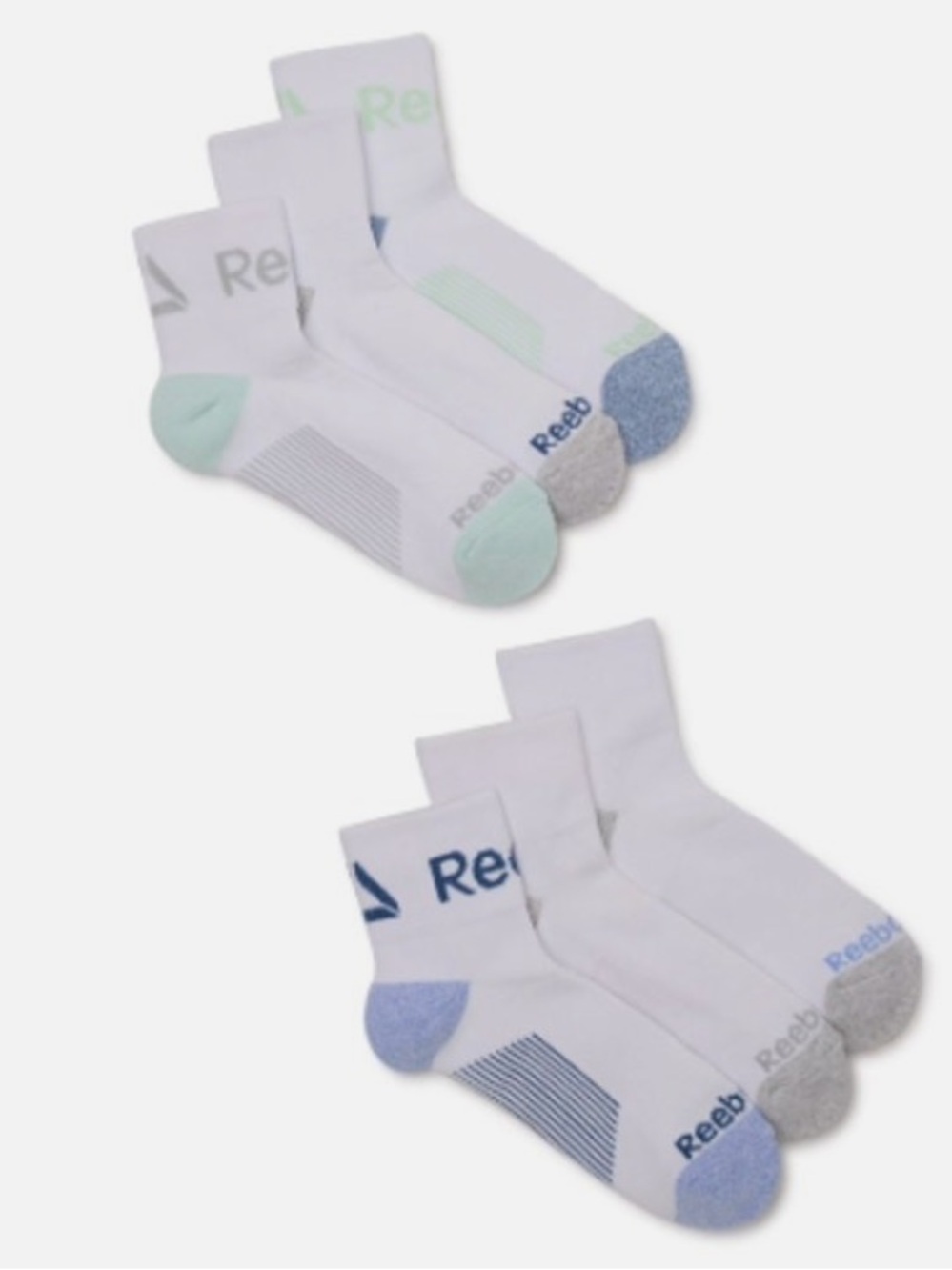 New Reebok Women’s White Crew Socks with Blue, Gray and Mint Accents - 1ct